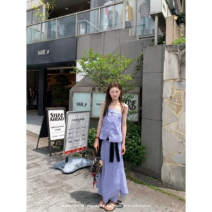 aaaaxbbb Jeju冷海 纯棉蓝条纹吊带背心套装裙短款上衣不规则长裙