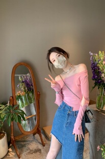 露肩上衣 aaaaxbbb 白茶蜜桃甜心 粉色显白一字肩长袖 T恤女夏季