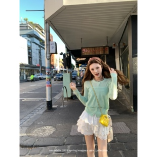 aaaaxbbb 薄荷暗礁 羊毛针织韩系套装圆领开衫蝴蝶结系带裹胸上衣