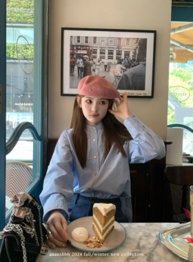 aaaaxbbb 银色罗马 两色条纹衬衫长袖上衣小立领宽松百搭春秋上衣