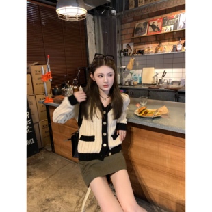 坑条纯棉黑白软糯毛衣 aaaaxbbb 洛神窗边 撞色针织开衫 上衣女长袖