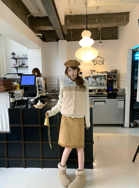 aaaaxbbb 新宿weekend 两色拼接皮毛马甲翻领撞色叠穿上衣女秋冬