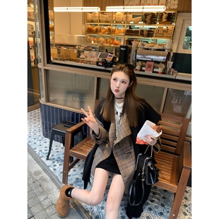 aaaaxbbb 格纹双面呢外套 杏仁苦拿铁 100羊毛大衣女宽松中长款