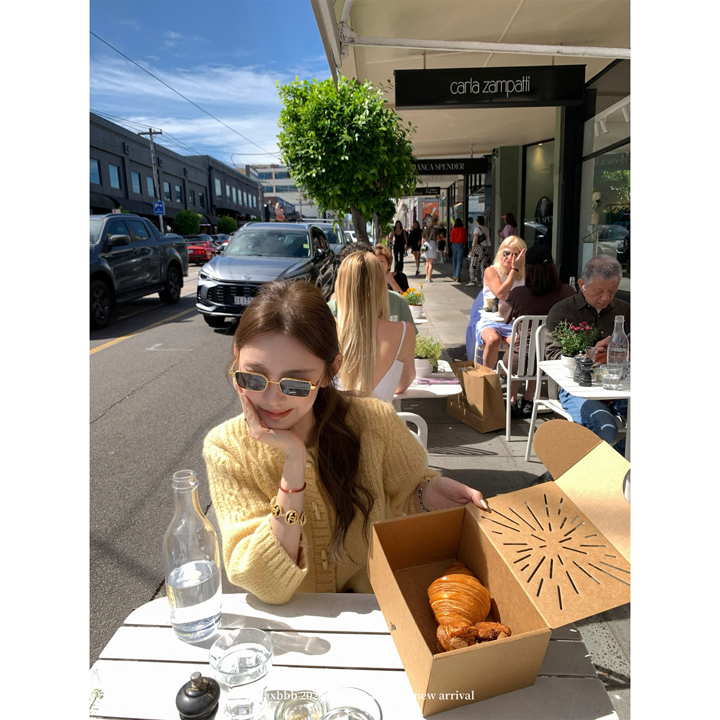 aaaaxbbb 小川暖杏色 纯羊毛针织开衫麻花层次中袖上衣牛角扣外套