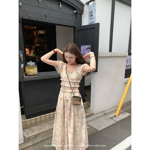 aaaaxbbb 阿韦里诺许愿池 印花连衣裙打揽泡泡袖抽绳法式碎花长裙