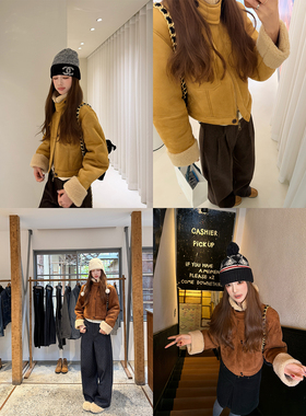 aaaaxbbb 贝克松针集 皮毛一体麂皮外套两色短款羊毛上衣外套秋冬