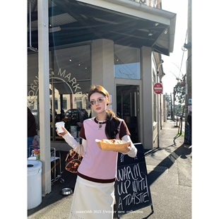 aaaaxbbb 维尔纽斯街区 撞色真两件插肩袖短袖正肩长袖打底上衣女