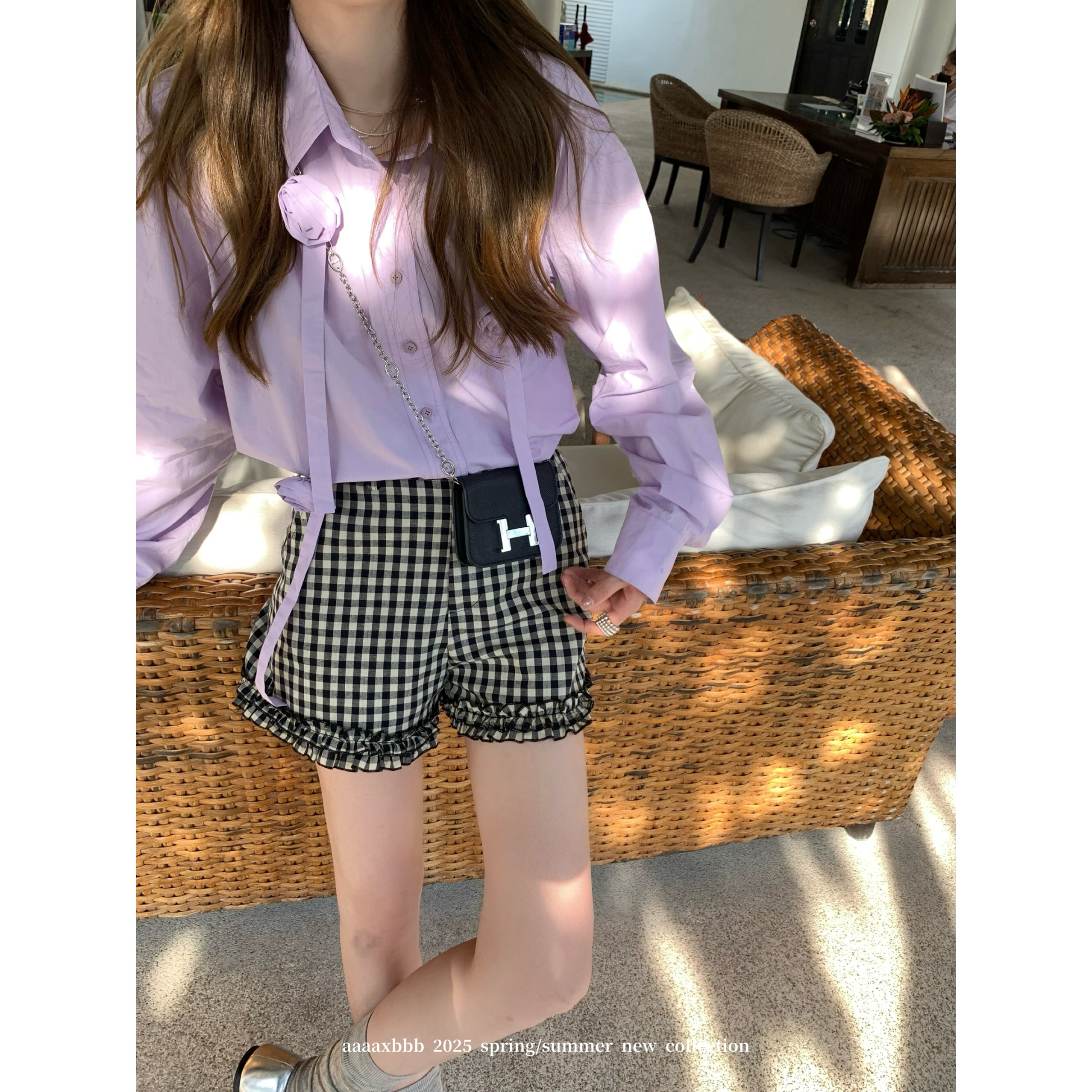 aaaaxbbb 假日报刊 三色全棉花边短裤高腰显瘦慵懒风休闲格子裤女