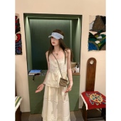 休闲衬衫 aaaaxbbb 裙长袖 奶白天丝套装 蕾丝吊带亚麻长裙 里桑小酌