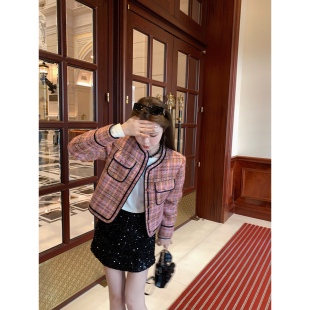 aaaaxbbb 半冷西海岛 粉棕格纹羊毛小香风外套女短款气质上衣