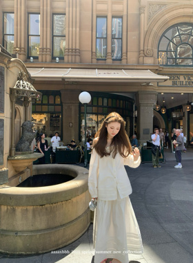 aaaaxbbb 冷光手帐 白色抓襟休闲套装2way上衣松紧腰半身裙长裙女