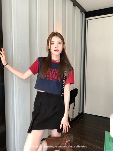 aaaaxbbb撞色针织女T恤短袖上衣