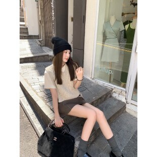 aaaaxbbb 布朗尼秋 杂色针织马甲背心女短款V领时髦百搭叠穿毛衣