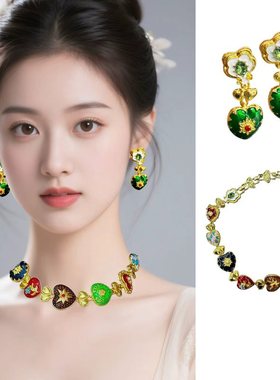 中古vintage项链耳环镶钻滴油爱心花朵耳钉小众轻奢复古宫廷套装