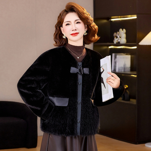 妈妈冬装仿水貂绒外套盘扣豹纹拼接宽松显瘦中年女士加厚皮草衣