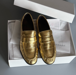 外贸女士乐福鞋一脚蹬时髦INS博主乐福鞋金色低跟单鞋36码鳗鱼皮