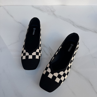 42码 可对折 舒适平底豆豆王妃鞋 外贸原单出口方头针织软底单鞋