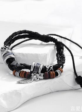 新款复古手链多层编织皮革手环