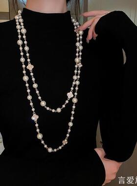 小香风双层叠戴仿珍珠项链女秋冬