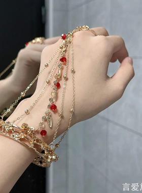 民族风红色铃铛手镯古风戒指手链