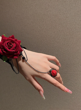 红色玫瑰戒指手链一体朋克风蕾丝手腕手链万圣节复古cos道具