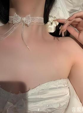 立体蝴蝶结项链女锁骨链蕾丝带