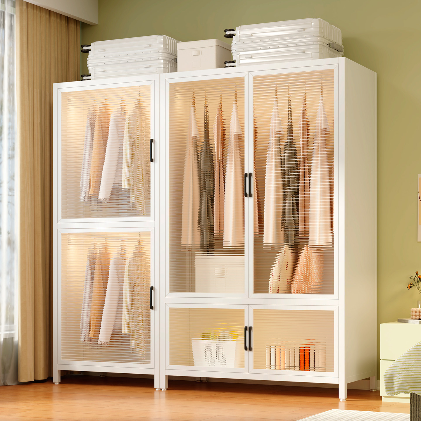 钢制加厚简易衣柜家用出租屋卧室奶油风衣橱公寓租房铁皮组装衣柜