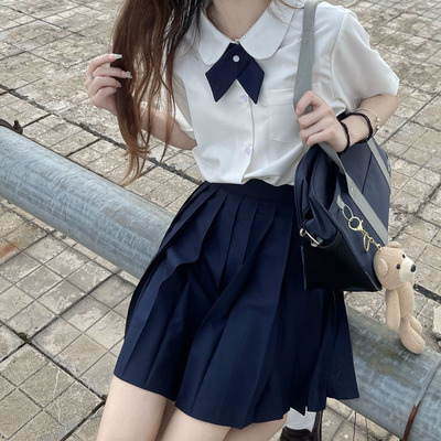 学生短袖衬衫百褶半身短裙套装中长款长裙大码jk制服学院风班服夏