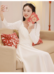 成人礼白色晚礼服女主持人宴会气质法式订婚领证秋冬季长袖连衣裙