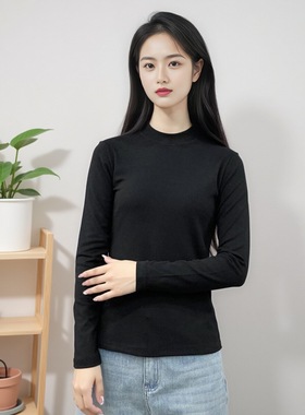 春季新款长袖打底衫圆领黑色内搭女修身莫代尔大码可外穿T恤Y119