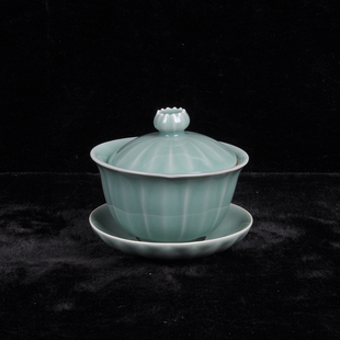 龙泉青瓷三才盖碗茶杯单个陶瓷弟窑纯手工泡茶碗家用高端功夫茶具