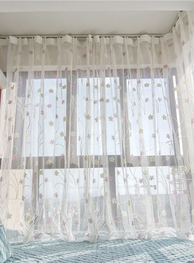 魔术贴免打孔北欧ins白色绣花窗纱纱帘客厅阳台薄纱飘窗窗帘成品