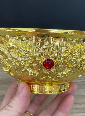 古玩铜器收藏仿古乾隆年制鎏金浮雕双龙戏珠碗铜碗家居摆件