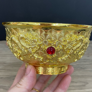 古玩铜器收藏仿古乾隆年制鎏金浮雕双龙戏珠碗铜碗家居摆件