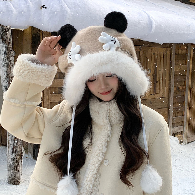韩版冬季户外保暖可爱帽子女小熊套头帽显脸小毛绒护耳包头帽 hat