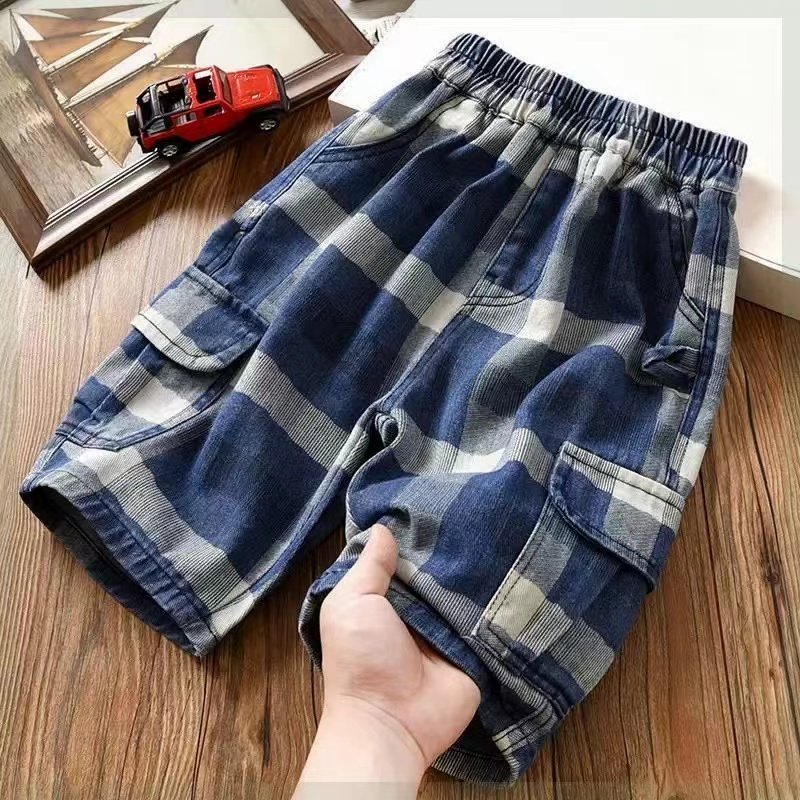 儿童牛仔格子短裤中大童五分裤个性夏季新款男童帅气牛仔夏装短裤