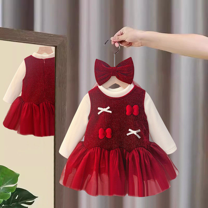 女宝周岁礼服公主裙秋冬加绒红色过年婴儿生日裙子女童新年拜年服