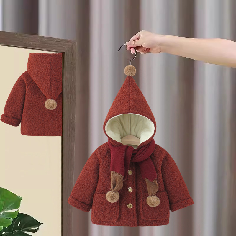 女宝宝加绒外套冬装洋气小女孩加厚毛呢大衣女童喜庆新年红色棉衣
