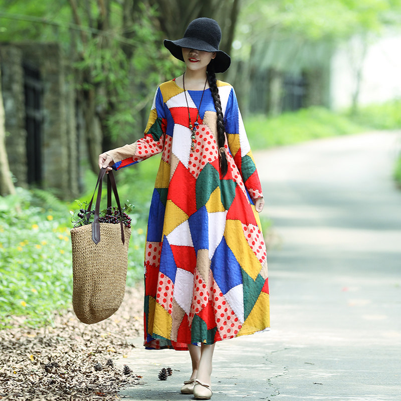 2018秋季新款民族風中長款A字大擺裙大碼寬松棉麻印花長袖連衣裙在類目 女裝/女士精品, 大碼女裝中 - 來自Buy2taobao.com提供專業的淘寶代購服務