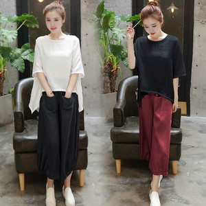 棉麻套装女夏新款胖mm宽松休闲舒适纯色上衣阔腿九分裤亚麻两件套