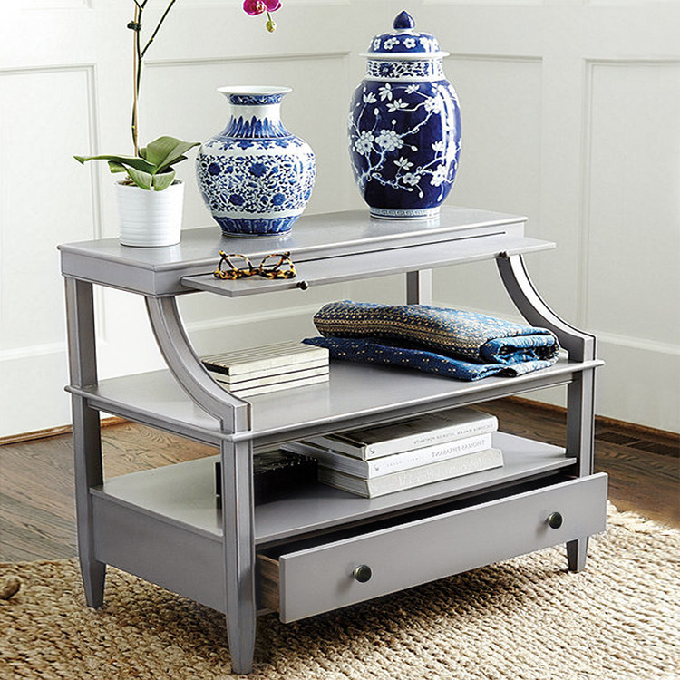 出口单轻奢实用款大抽屉延长抽板三层灰蓝色桦木简约床头柜床边桌