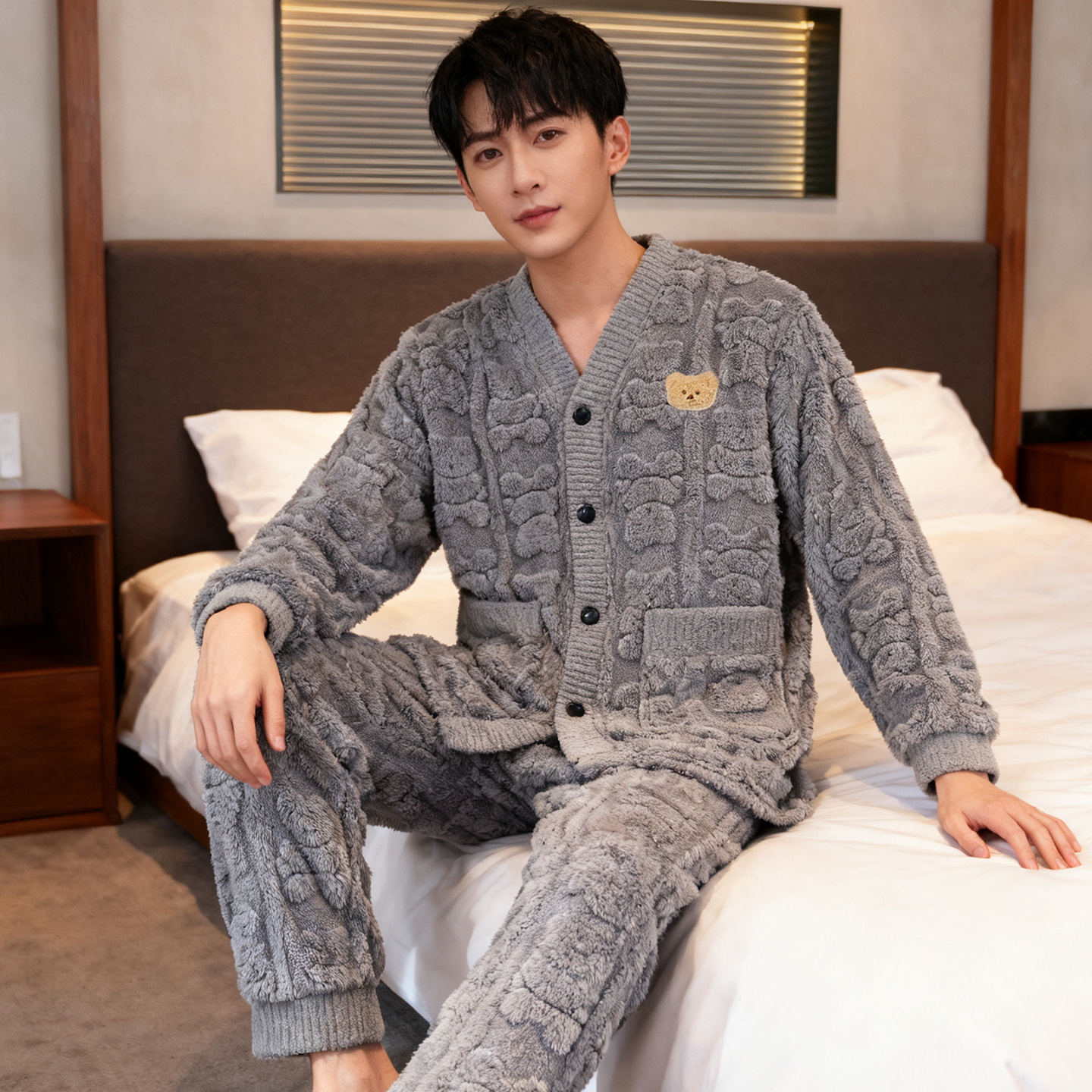 睡衣男款珊瑚绒冬加厚保暖可外穿毛绒开衫法兰绒休闲家居服