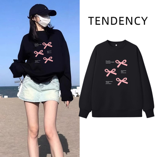 NOW真维斯黑色圆领卫衣女2026新款 春秋无帽高级感小个子宽松上衣