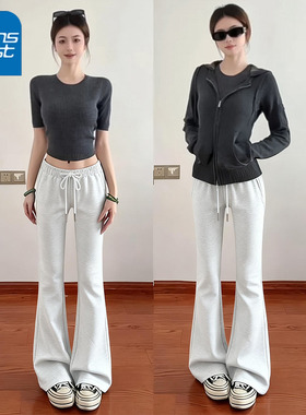 KV真维斯灰色休闲直筒裤女秋2026新款运动裤高腰显瘦灰色微喇裤子