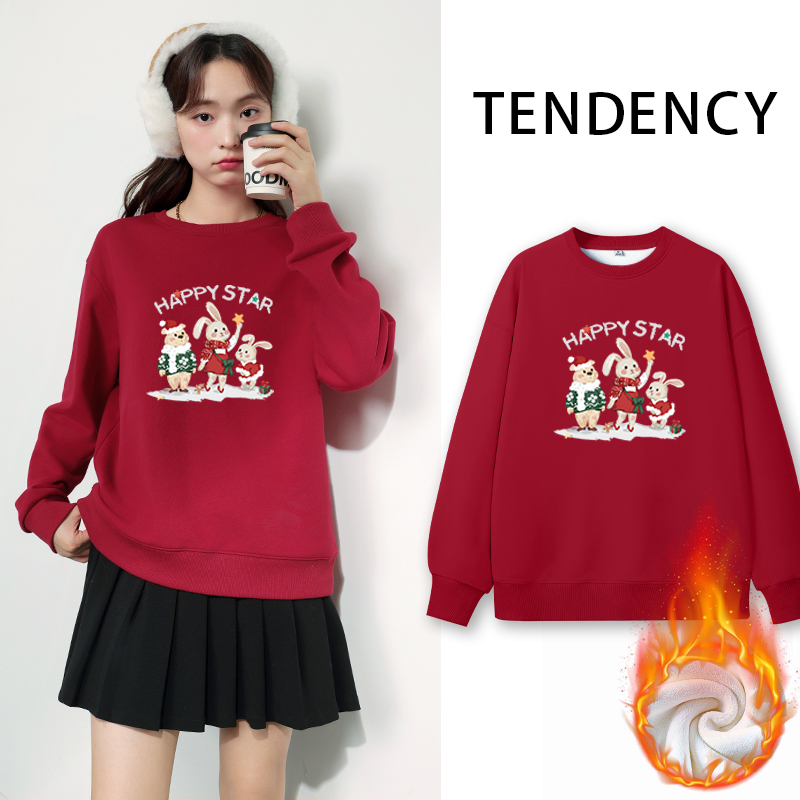 JR真维斯女装加绒圆领卫衣女2025春季新款奥粒绒显白红色上衣