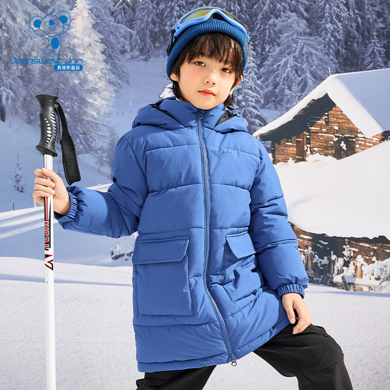 JU真维斯男童外套冬季新款儿童户外保暖中长连帽蓝色棉服