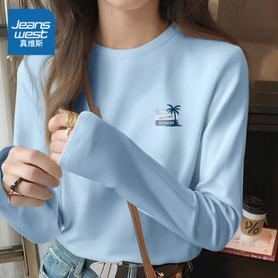 上衣蓝色圆领打底 女士休闲长袖 LB真维斯纯棉t恤男女2025新款 秋季