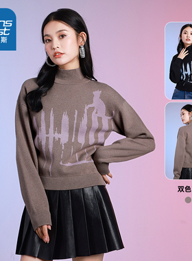 LS真维斯女装冬季保暖上衣时尚潮流针织衫时髦洋气提花高领毛衣女