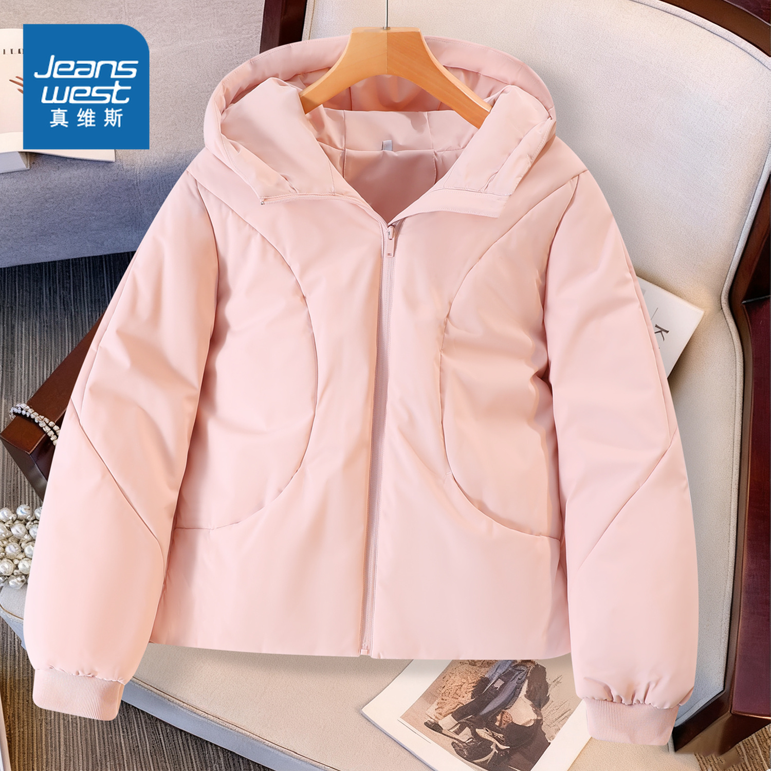 真维斯粉色轻薄棉服冬外套女