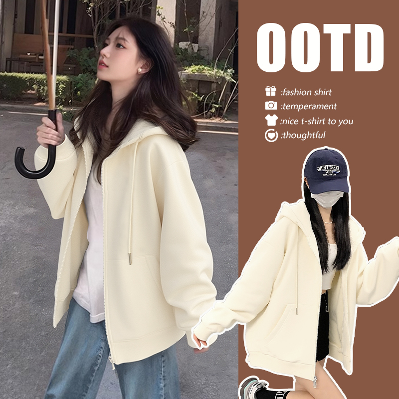 NOW真维斯杏色连帽卫衣外套女2025新款春秋休闲宽松运动开衫上衣